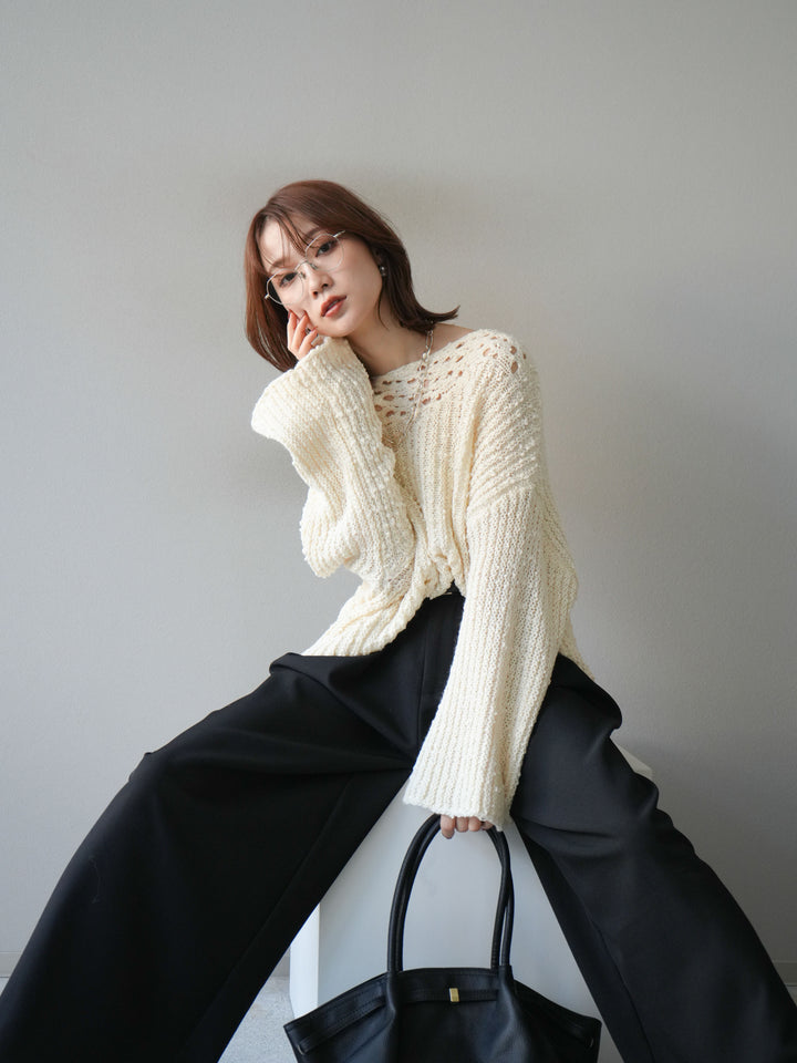 [予約]ボートネック透かし編みニットプルオーバー/white