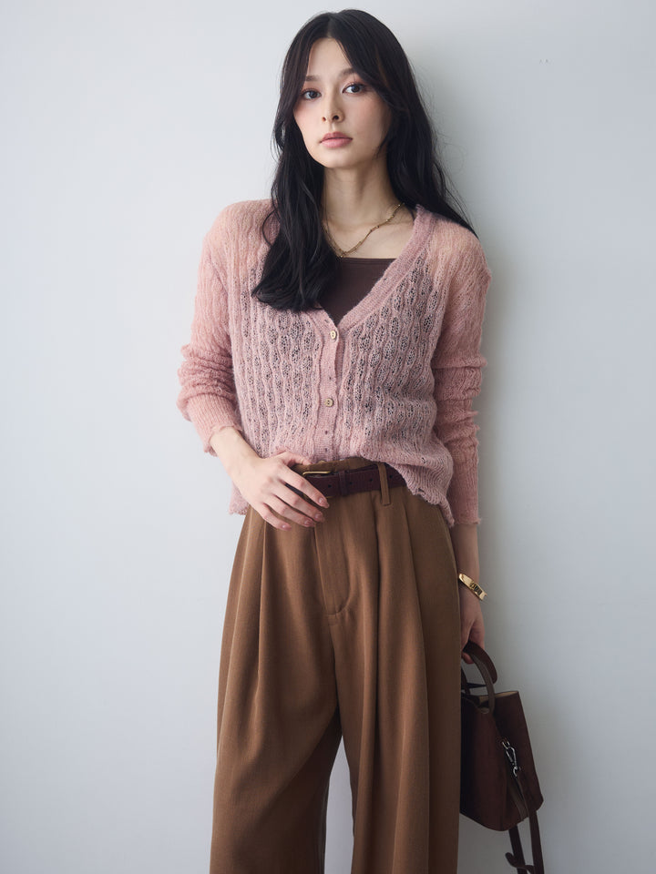 [SET]ダメージテクスチャーシアーニットカーディガン+カップ付きバッククロスキャミソール+ツータックドレープストレートパンツ(3set)
