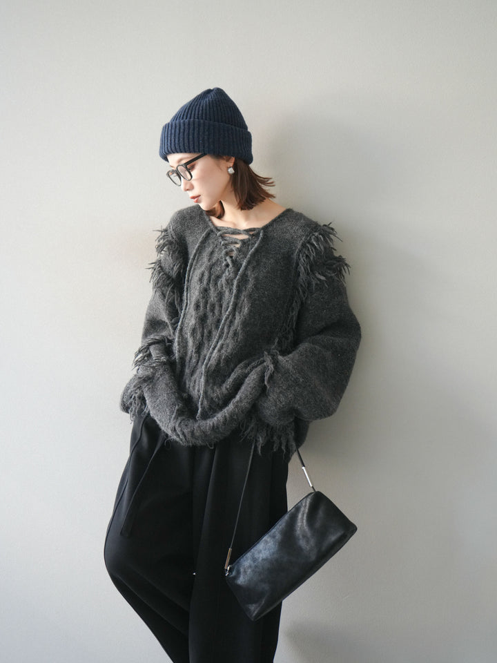 [予約]レースアップフリンジニットプルオーバー/gray