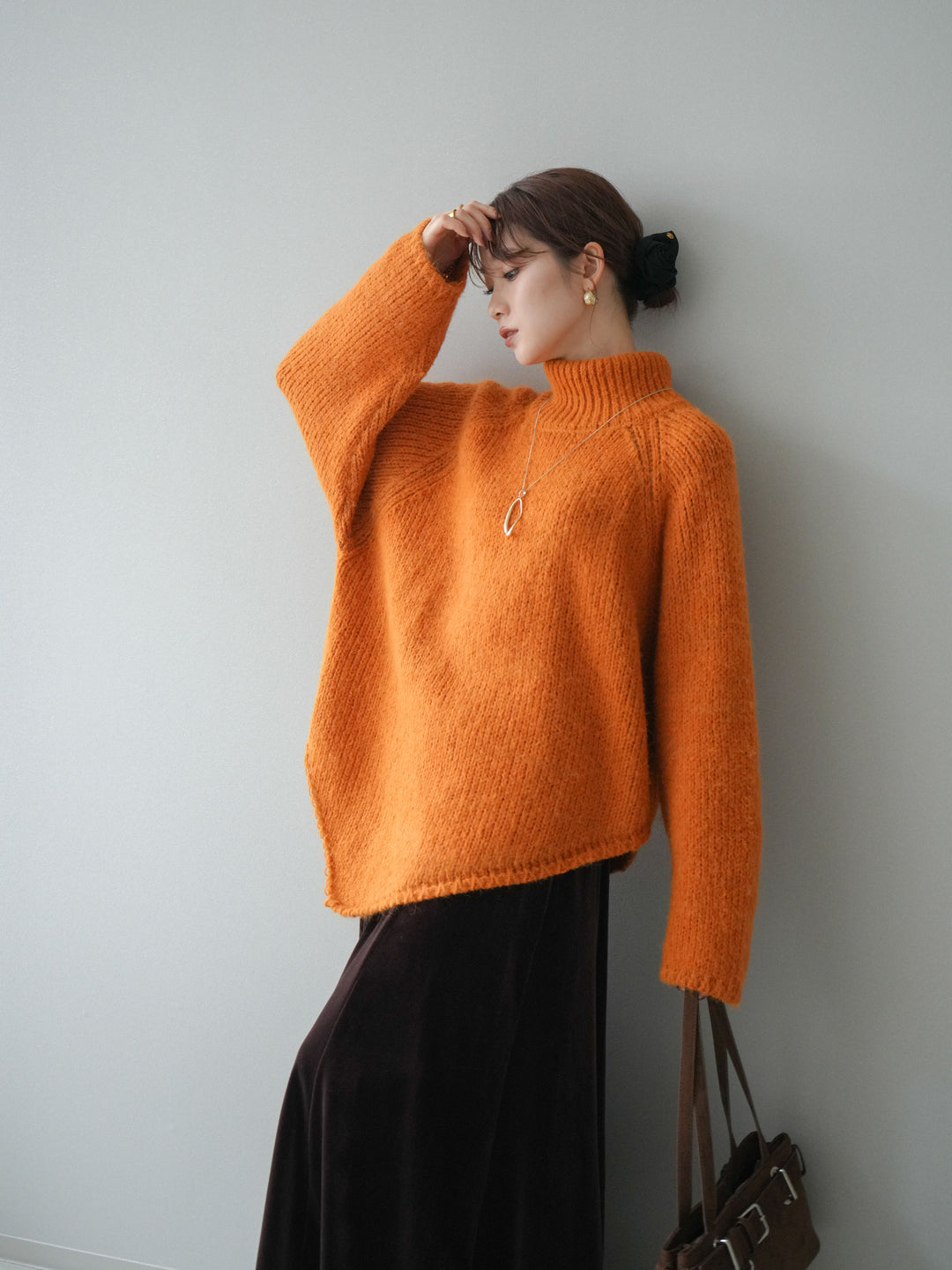 [予約]アシンメトリーハイネックニットプルオーバー/orange
