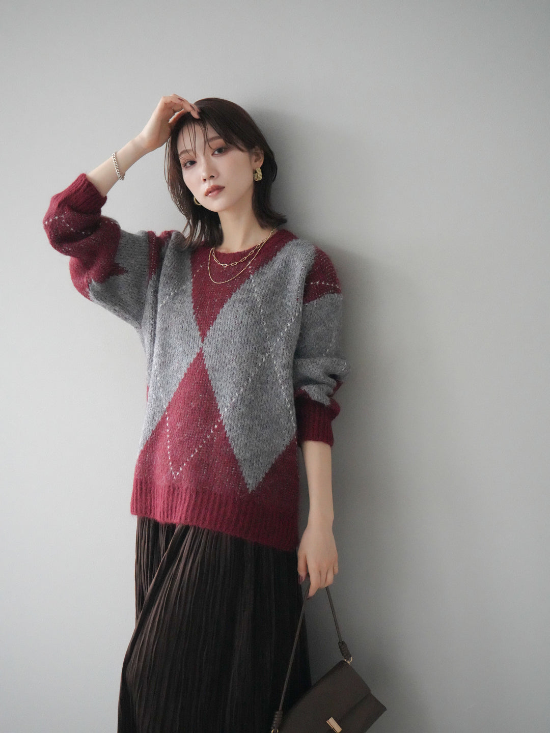 [予約]アーガイルオーバーニットプルオーバー/bordeaux