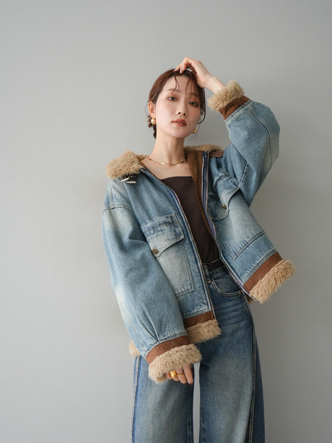 [予約]スタンドカラーファー×デニムジャケット/lightblue