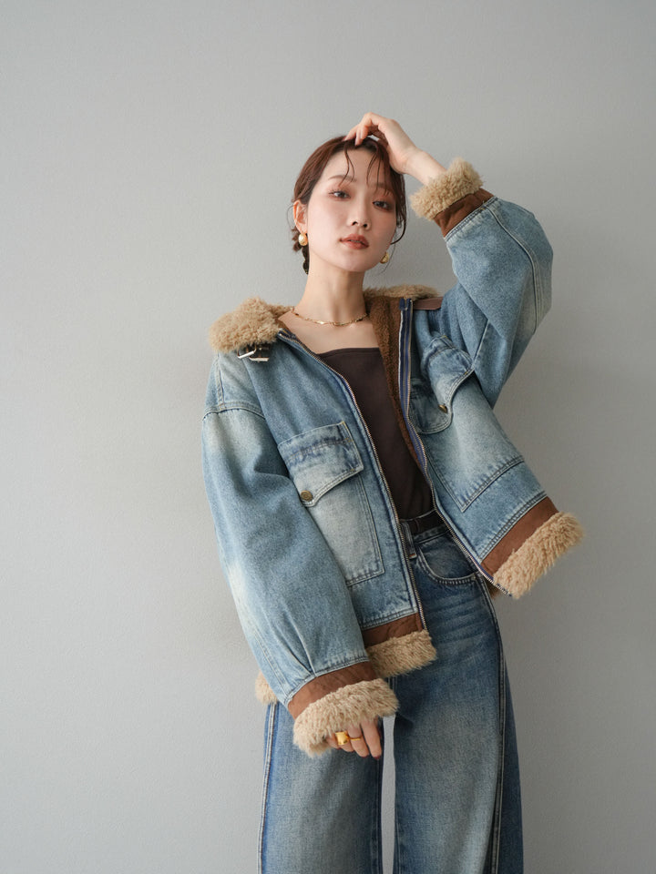[予約]スタンドカラーファー×デニムジャケット/lightblue