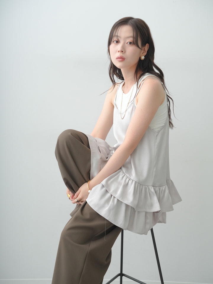[SET]サテンティアードチュニックキャミソール+カップ付アメスリタンクトップ+クレープデシンタックワイドパンツ(3set)