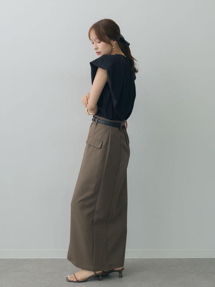 [SET]フレンチタックバルーンブラウス+クレープデシンフラップ付きストレートスカート(2set)
