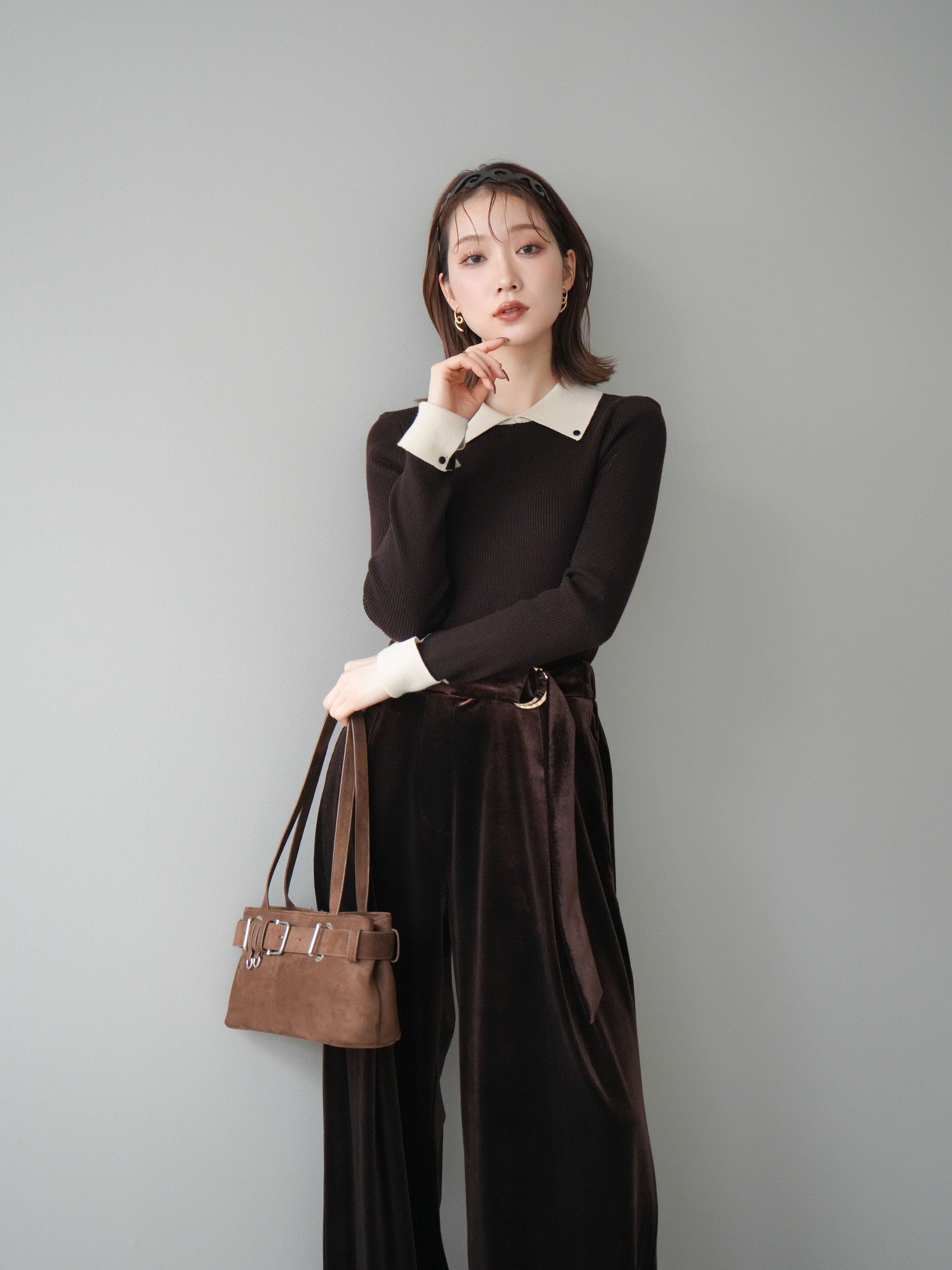 予約]ニットカフス襟付き配色リブニットトップス/brown – Lumier