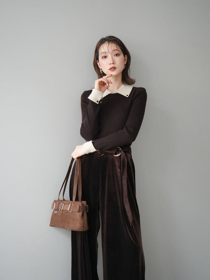 [予約]ニットカフス襟付き配色リブニットトップス/brown