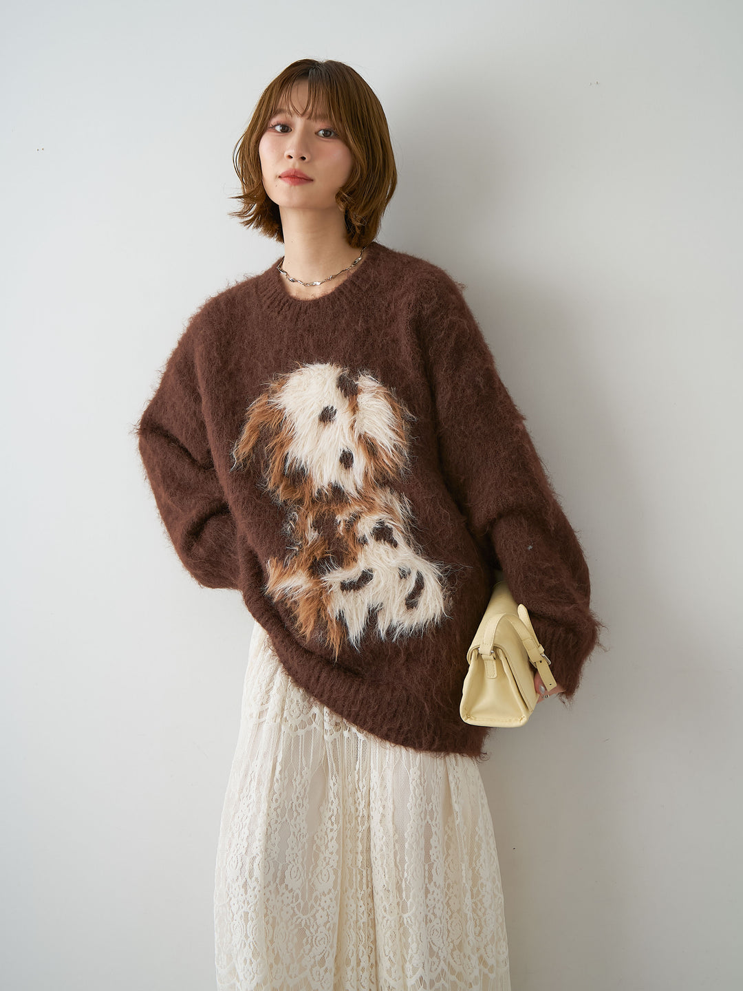 [予約]シャギードッグモチーフニットトップス/brown