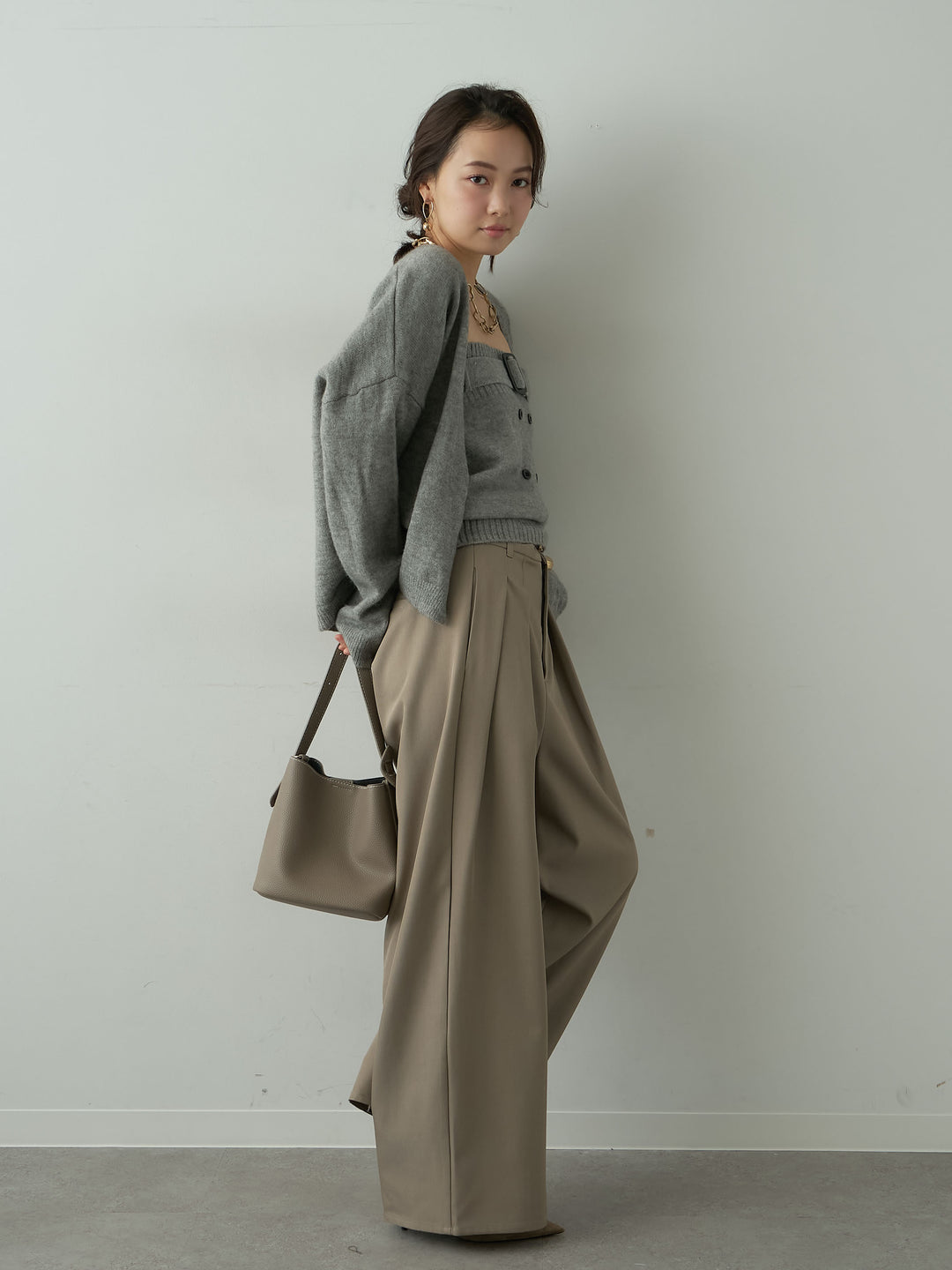 [SET]ニットカーデ＆ニットベアトップSET UP(2SET)+ツイルタックワイドパンツ(2set)