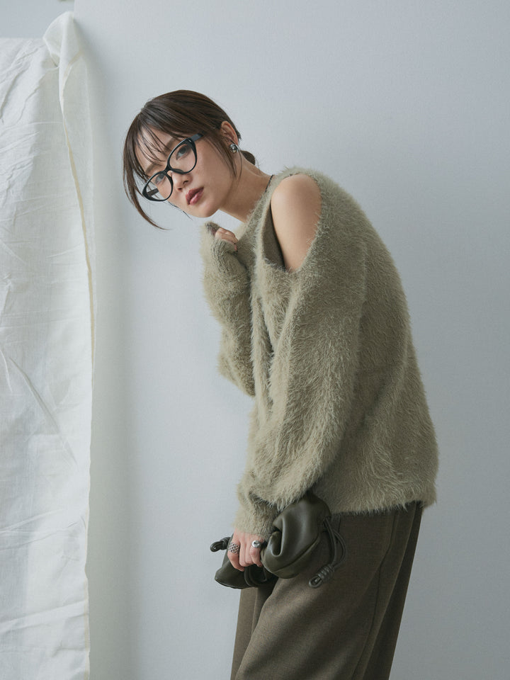 【Allure】[SET]ショルダースリットシャギーニットプルオーバー+スカーフ付ワイドパンツ(2set)