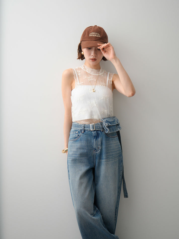 [予約]シースルーストレッチレースノースリトップス/white