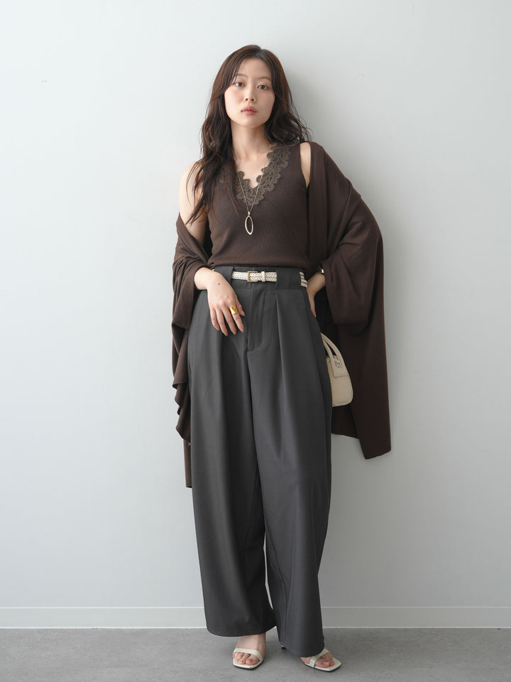 [SET]レースデザインVネックノースリニットトップス＆ケープSET(2SET)+ツイルタックコクーンパンツ(2set)