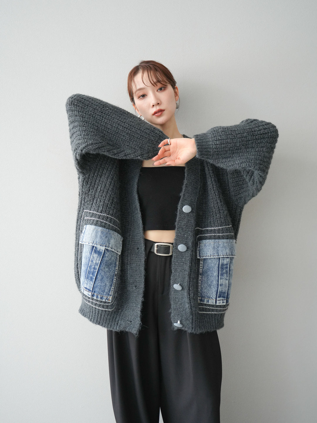 [予約]デニムポケットハンドステッチカーディガン/gray