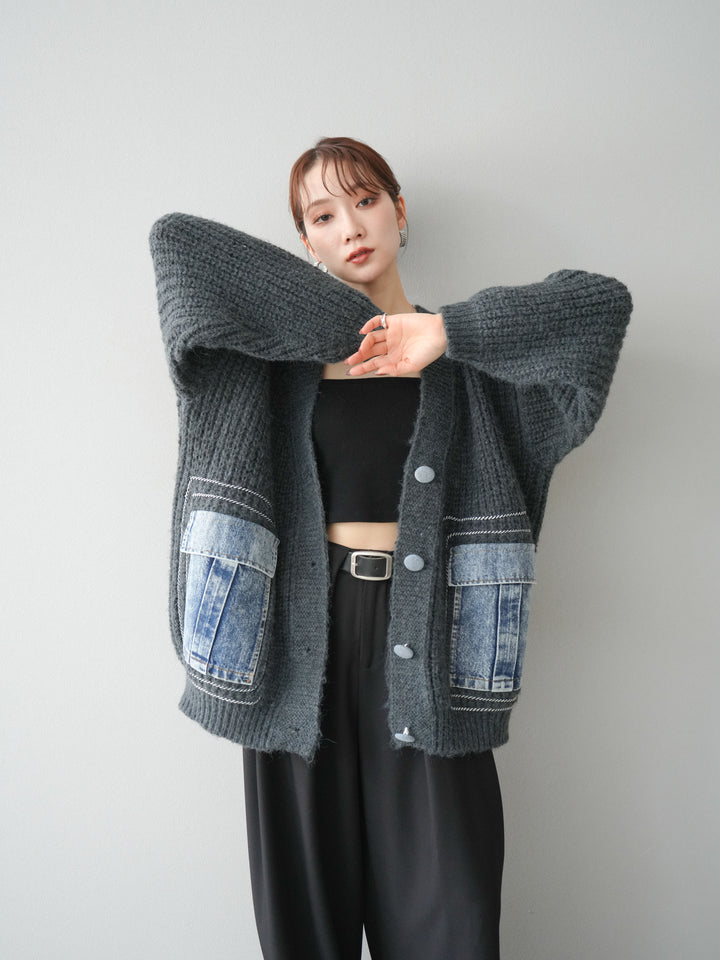 [予約]デニムポケットハンドステッチカーディガン/gray