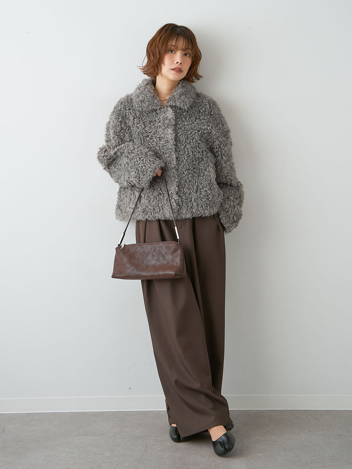 [SET]プードルファーショートジャケット+ツイルタックワイドパンツ(2set)