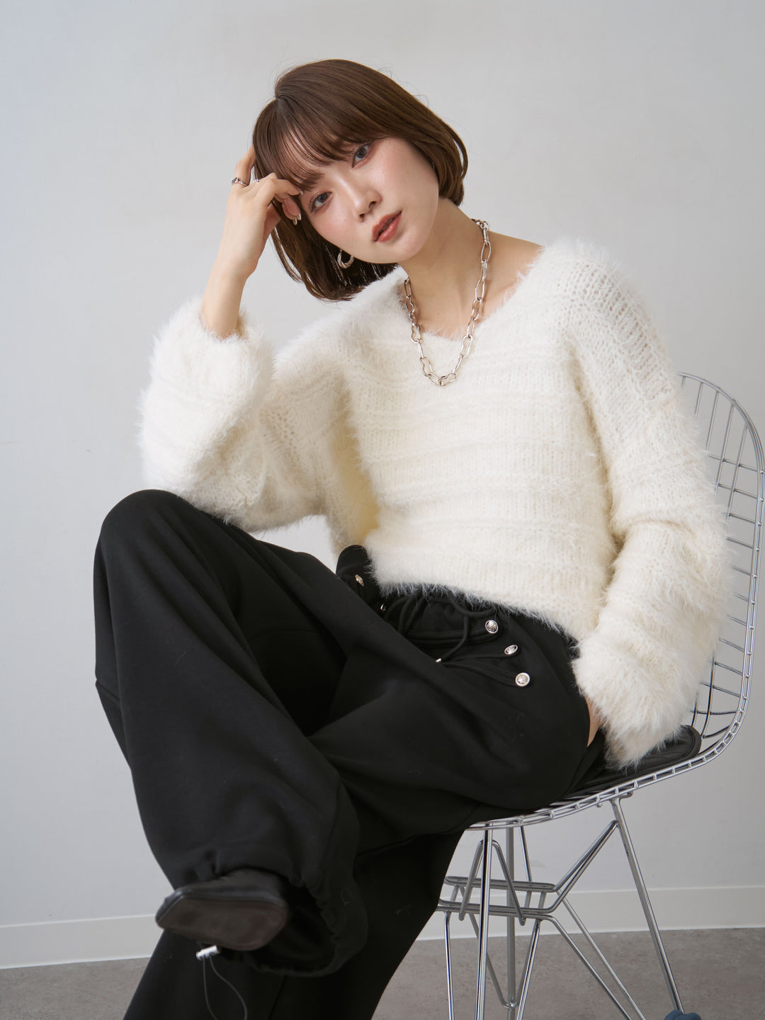 [SET]ボーダー編みラメニットトップス+選べるアクセセット(2set)