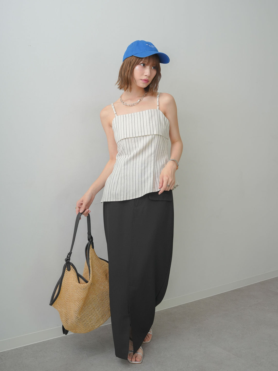 [SET]ストライプアシメキャミソール+クレープデシンフラップ付きストレートスカート(2set)