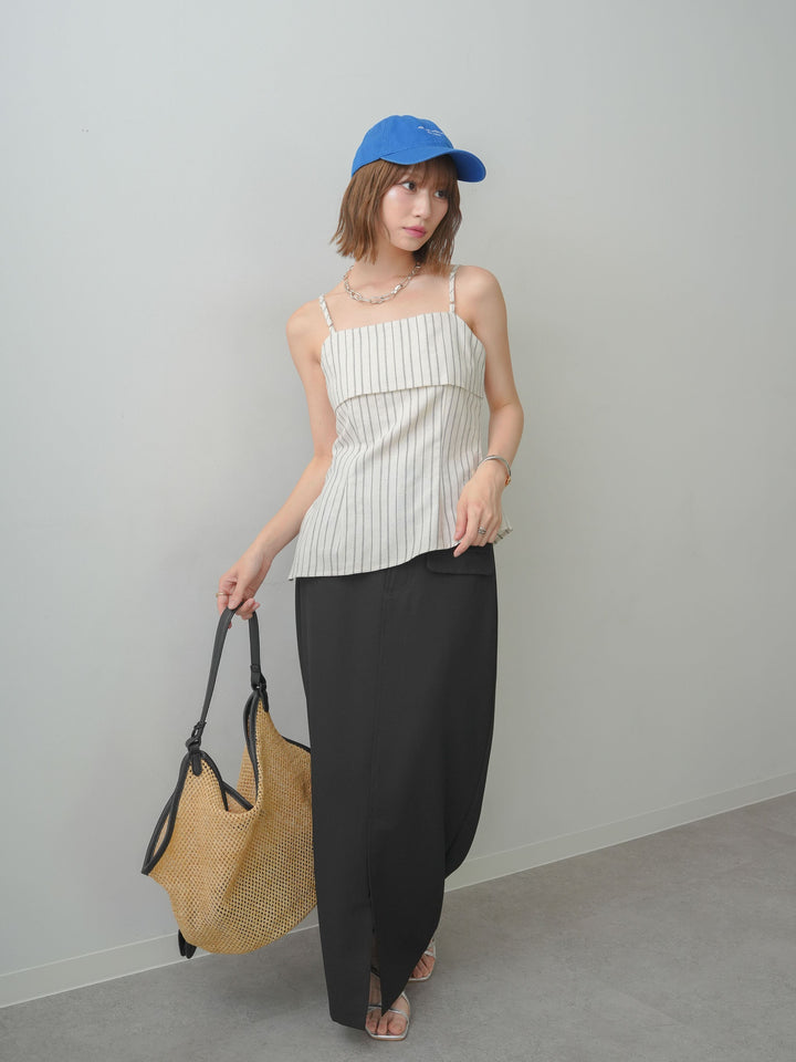 [SET]ストライプアシメキャミソール+クレープデシンフラップ付きストレートスカート(2set)