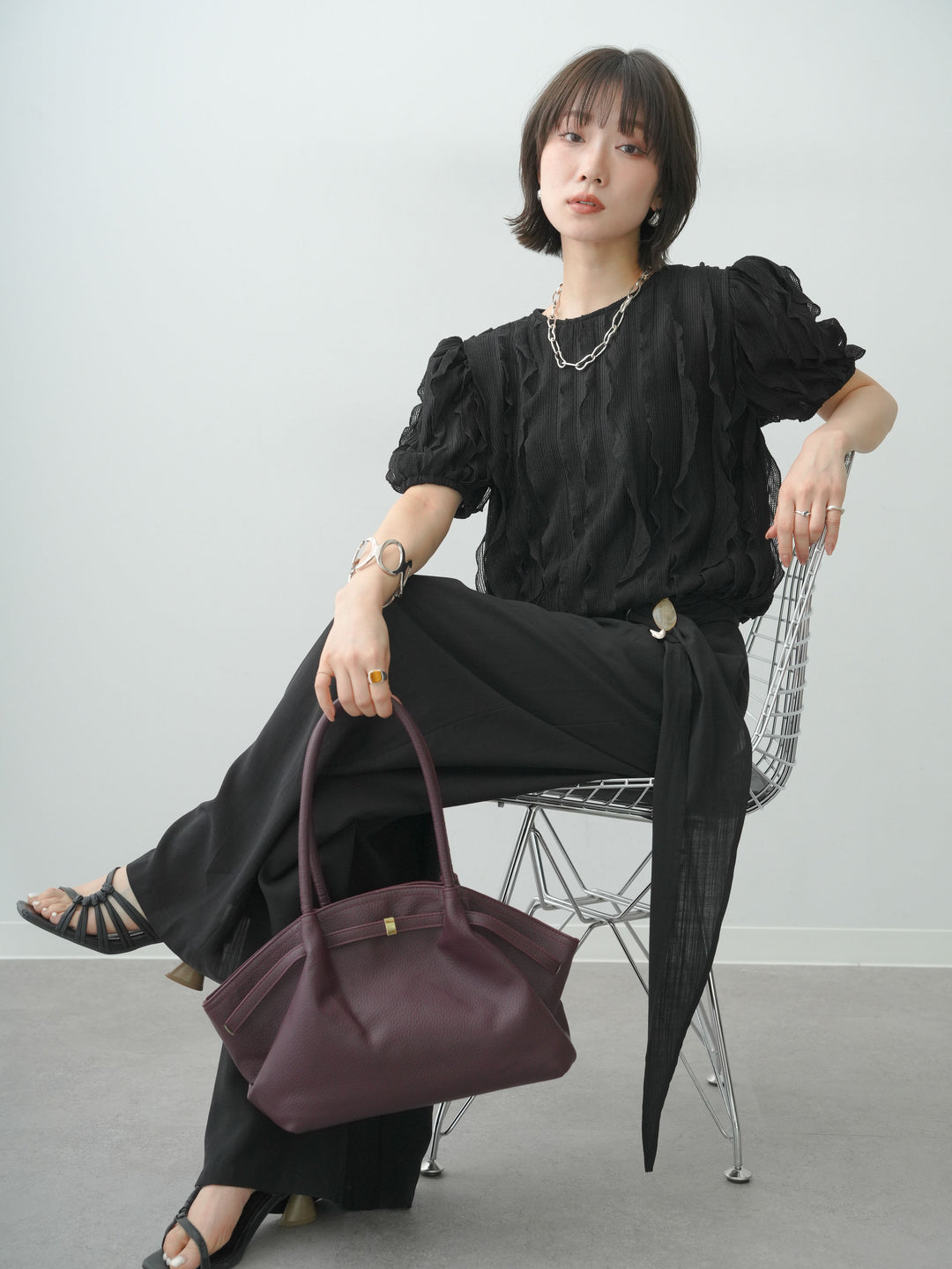 [予約]ウェーブフリルニットトップス/black