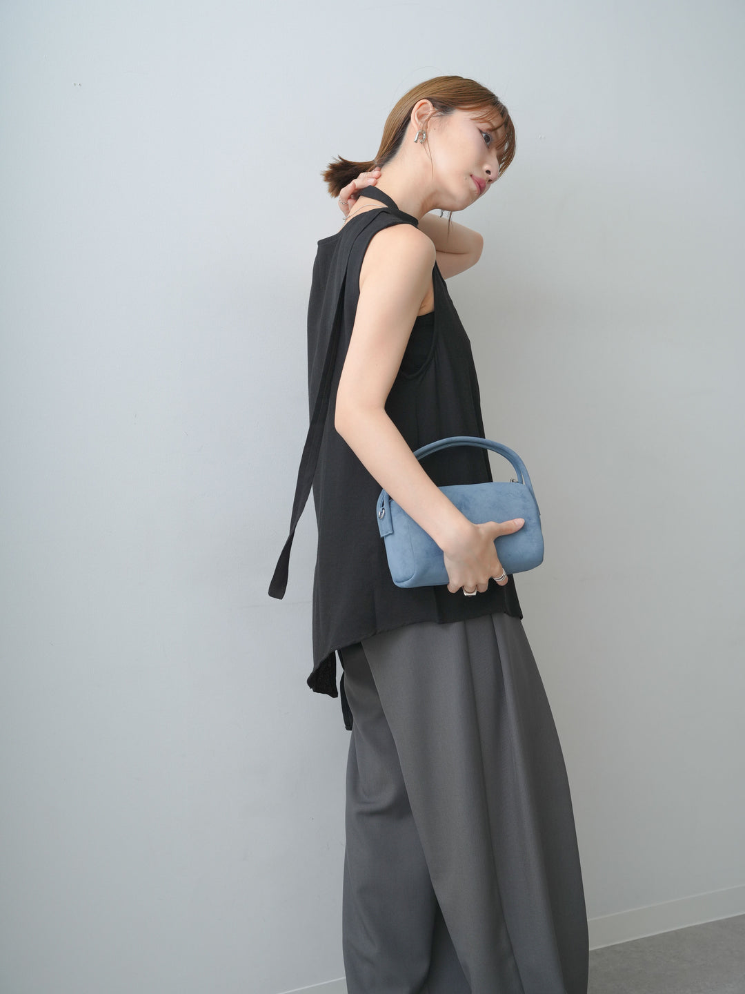 [SET]タイ付アシメヘムノースリトップス+ベルトループデザインワイドパンツ(2set)