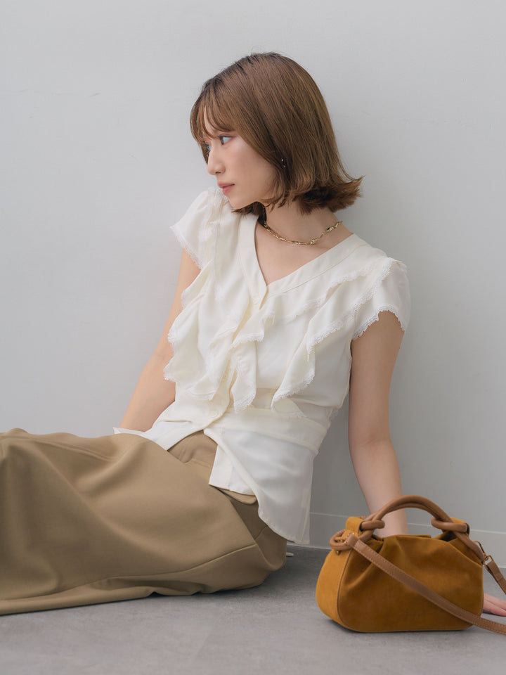 [SET]フリルレースデザインフレンチブラウス+クレープデシンフラップ付きストレートスカート(2set)
