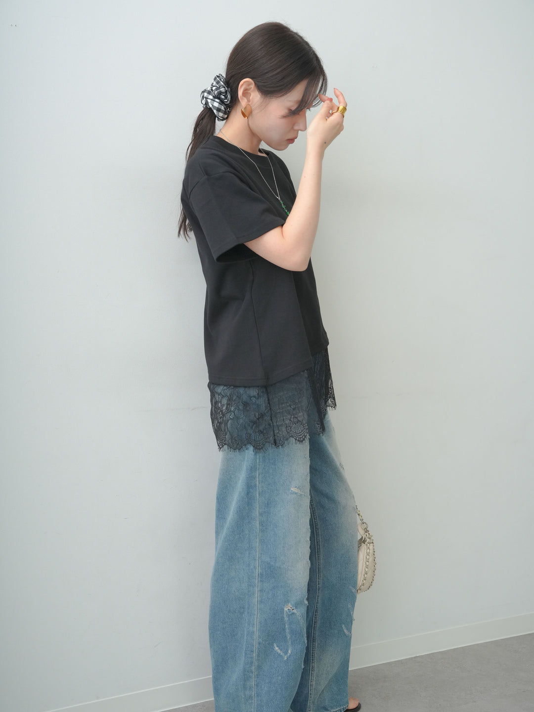 [SET]アシメレースヘムワイドTEE+グラフィックスクラッチワイドデニム(2set)