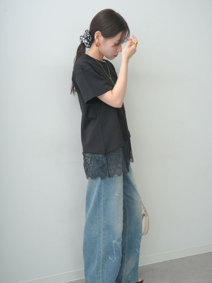 [SET]アシメレースヘムワイドTEE+グラフィックスクラッチワイドデニム(2set)