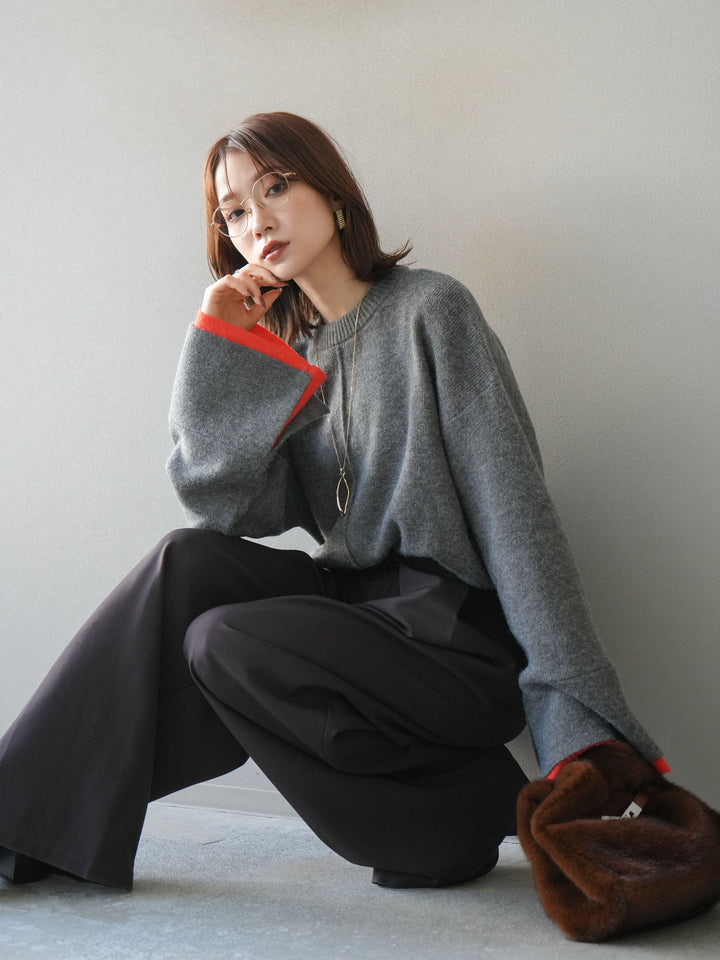 [予約]袖レイヤード配色ニットプルオーバー/charcoal