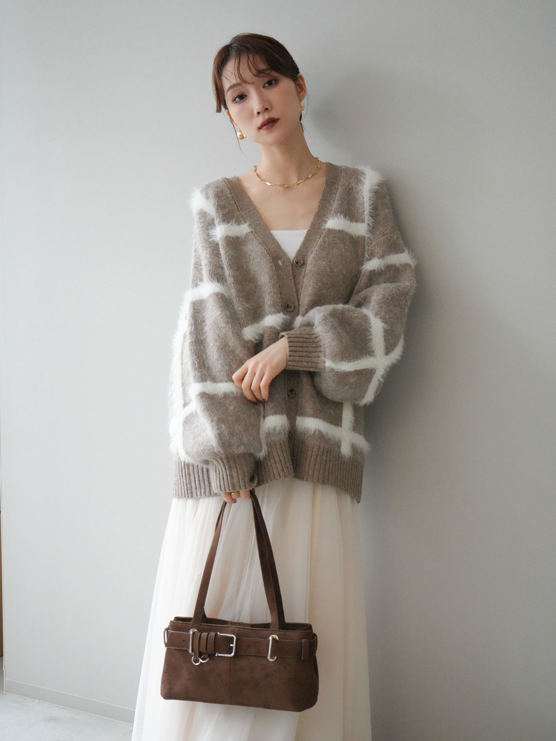 [予約]ミックスシャギーチェックカーディガン/beige