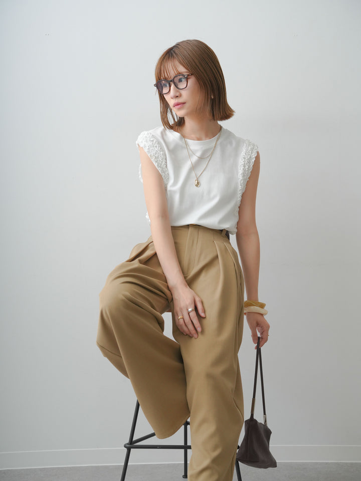 [SET]ホイップフリルフレンチTEE+クレープデシンタックワイドパンツ(2set)