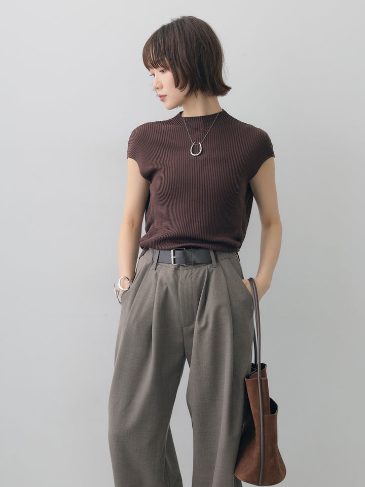 [予約]ボトルネックフロントリブニットトップス/brown