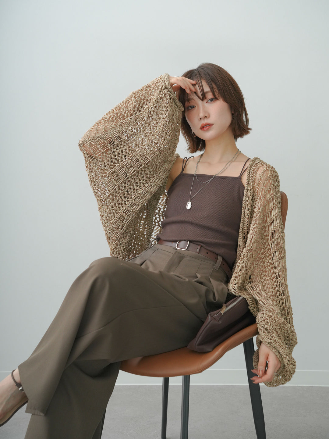 [SET]ミックスメッシュニットボレロ+カップ付きバッククロスキャミソール(2set)