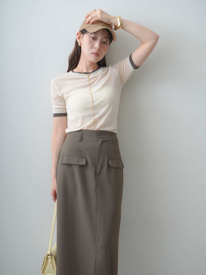 [SET]トリムレイヤードシアー半袖トップス+クレープデシンフラップ付きストレートスカート(2set)
