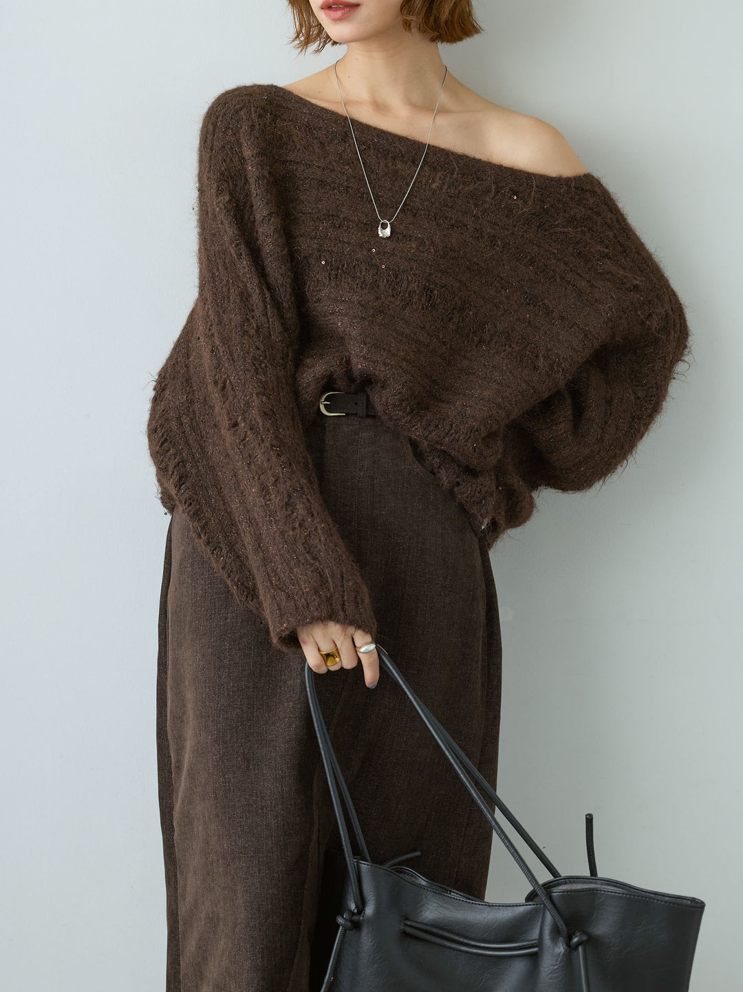 [予約]ミックス透かし編ワイドネックニットトップス/brown
