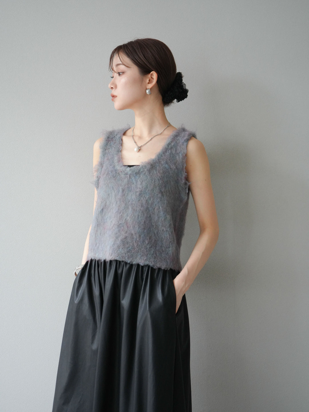 [予約]ミックスシャギーUネックベスト/グリーン