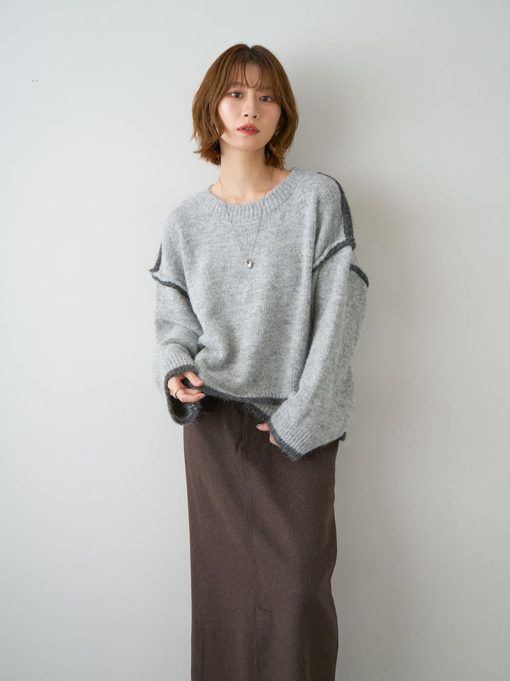 [予約]配色ラインデザインヘムニットプルオーバー/lightgray