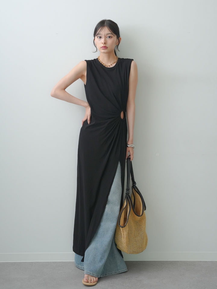 [予約]リングギャザースリットワンピース/black