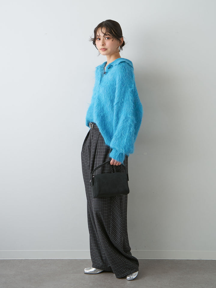 [SET]ヘンリーシャギーニットトップス+チェックタックワイドパンツ(2set)