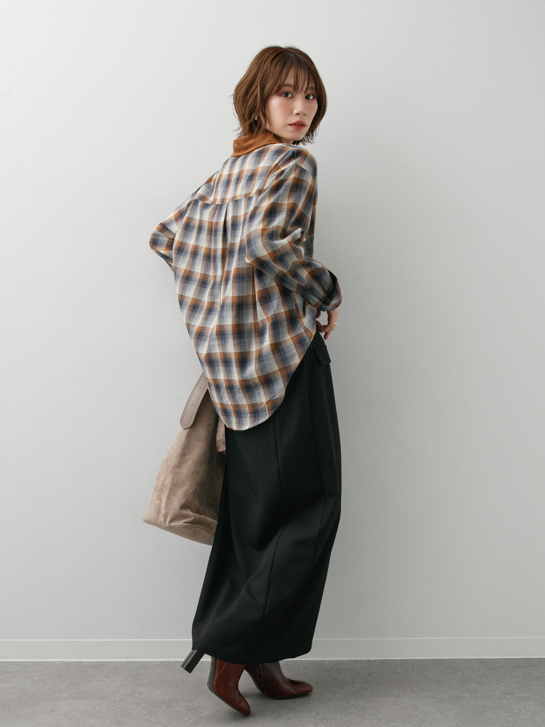 [SET]チェックオーバーシャツ+クレープデシンフラップ付きストレートスカート(2set)