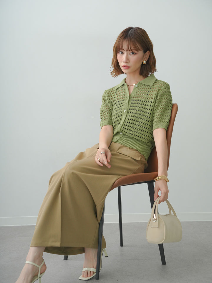[SET]格子編み襟付きハーフニットカーディガン+クレープデシンフラップ付きストレートスカート(2set)