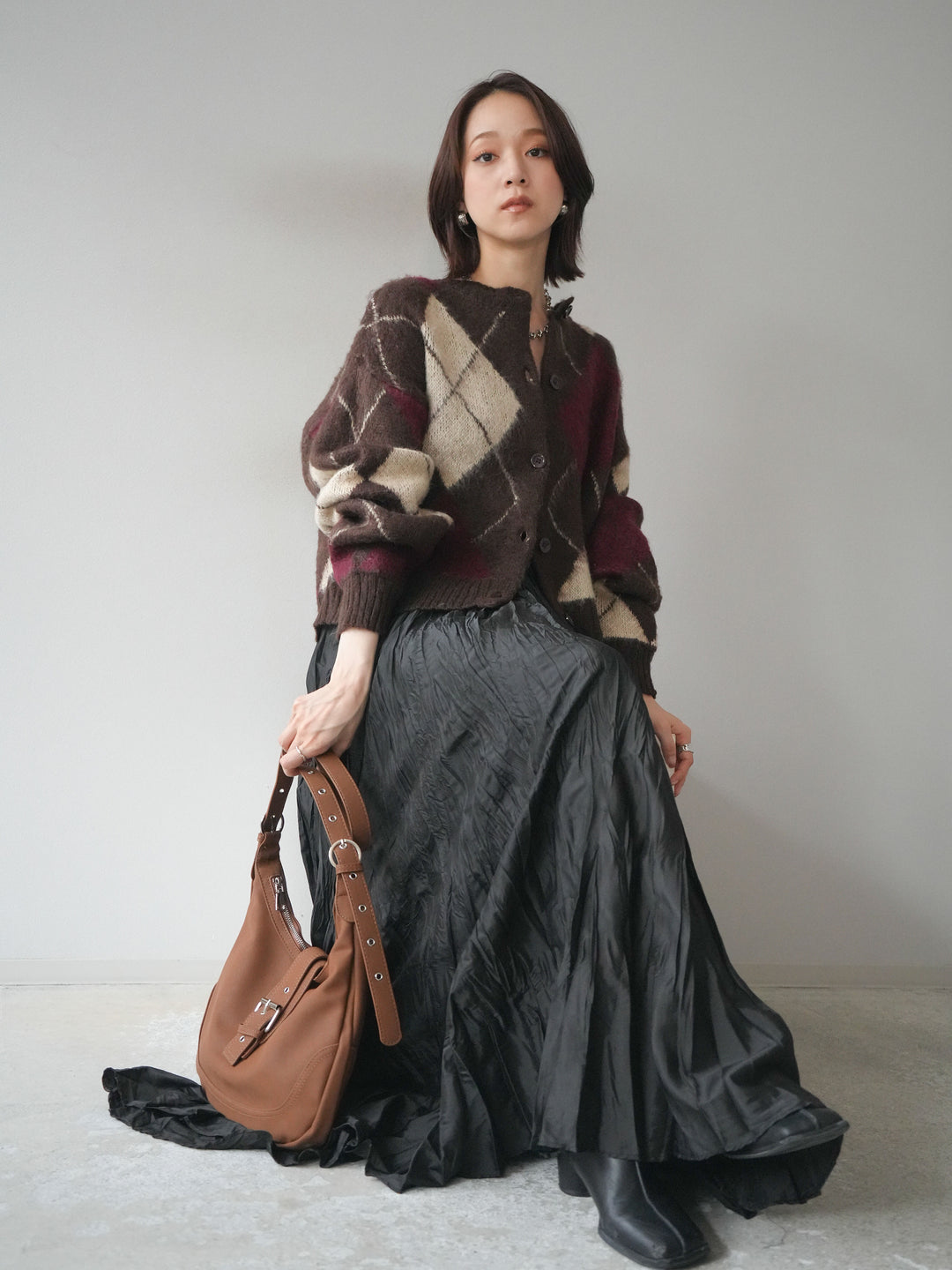 [予約]モヘアタッチアーガイルニットカーディガン/brown