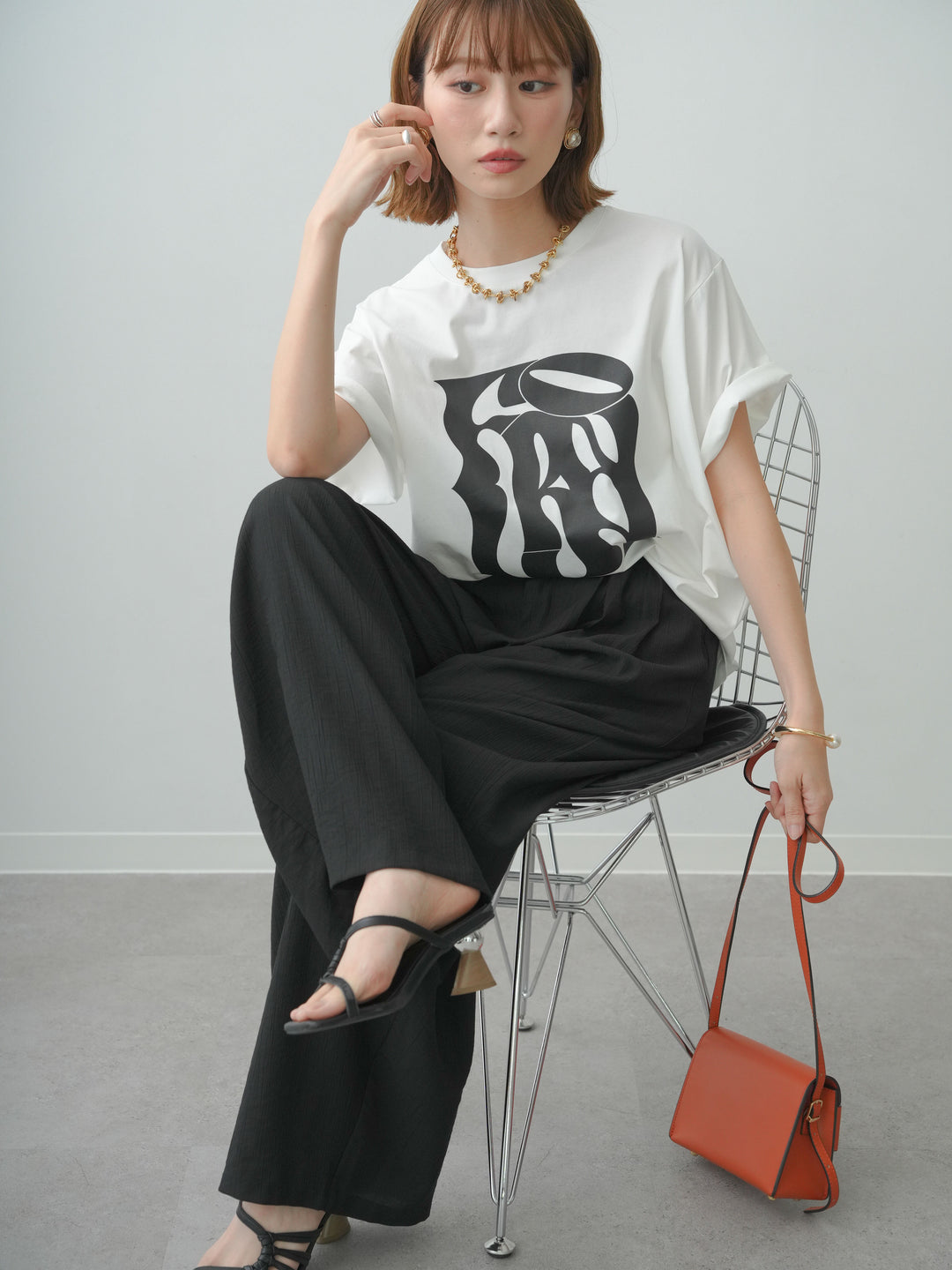 [SET]クールタッチアートロゴオーバーTEE+ベルト付ワッシャーライトワイドパンツ(2set)