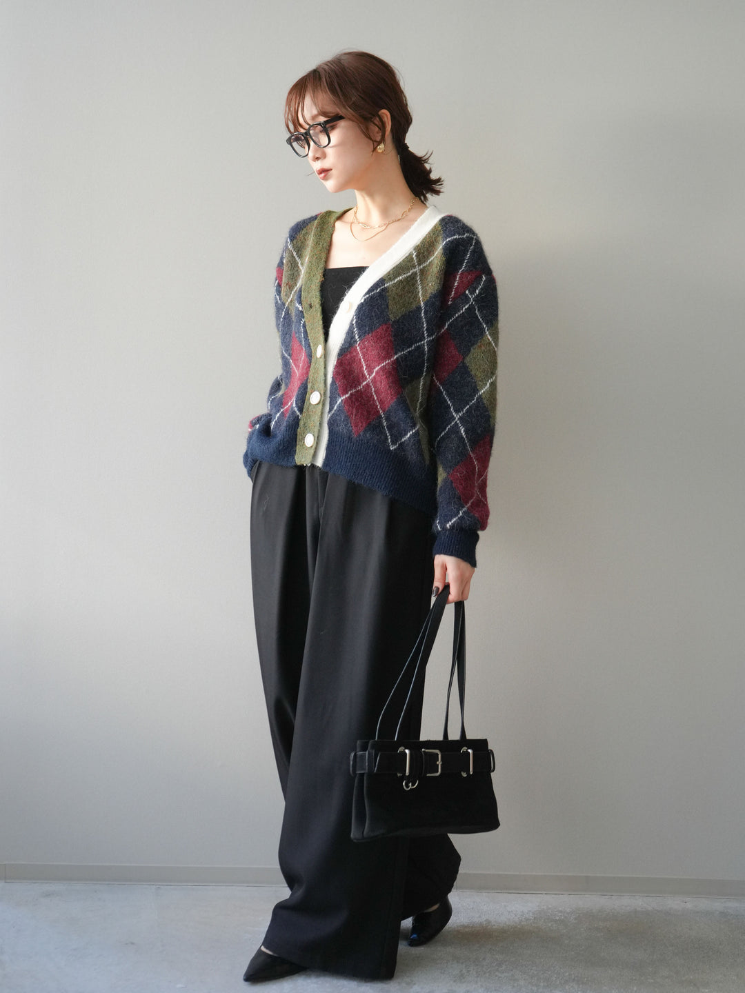 [予約]配色アーガイル柄ニットカーディガン/green
