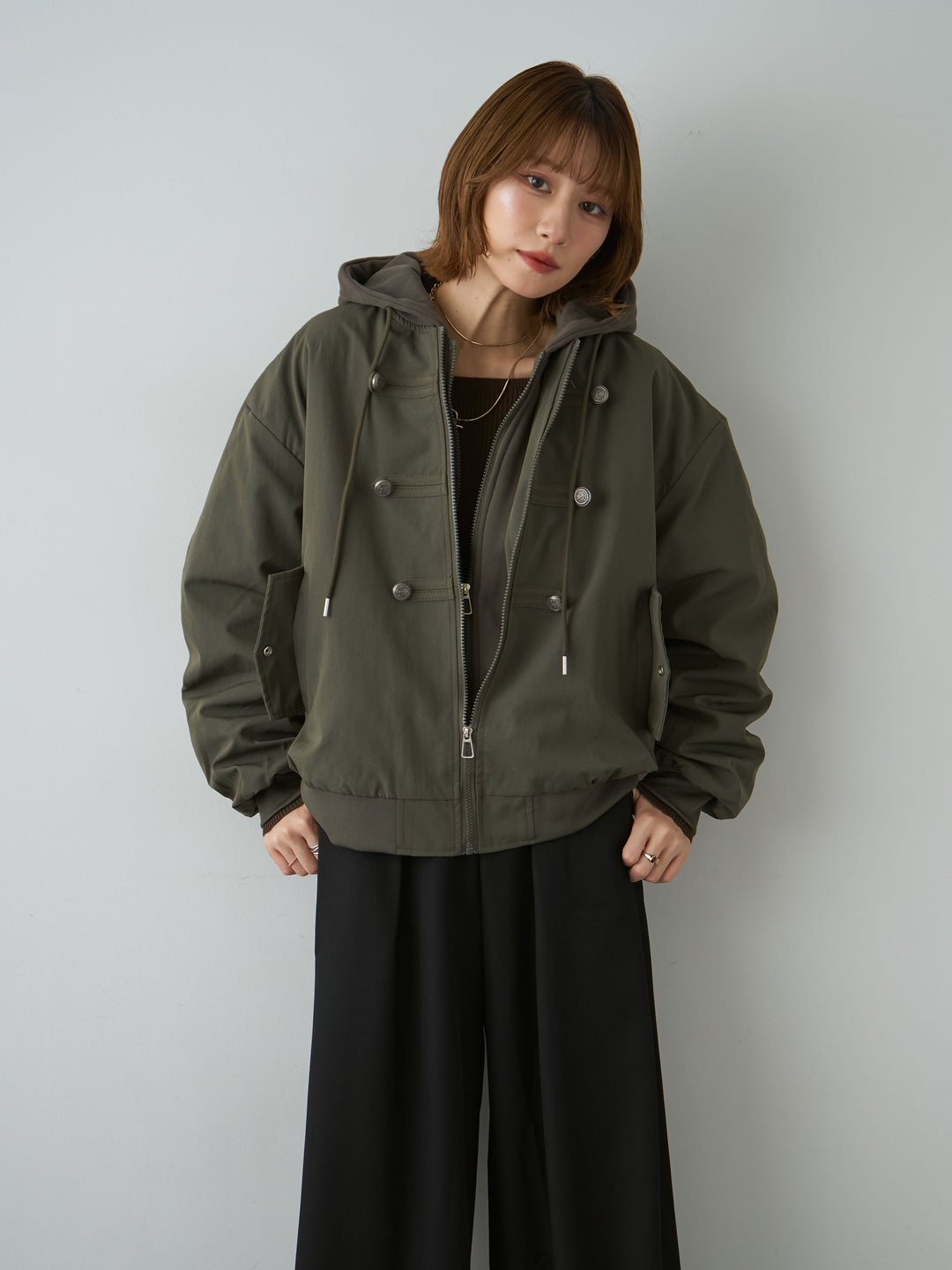 [SET]ナポレオンジップレイヤードブルゾン+スクエアネックリブニットトップス(2set)