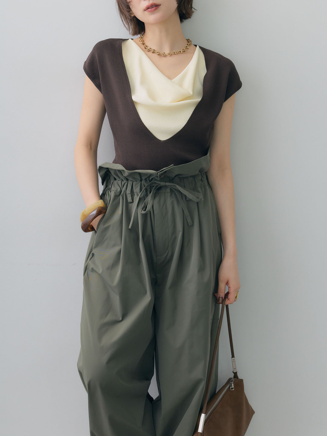 [SET]レイヤードデザインスリムフレンチニットトップス+2WAYロールアップワイドパンツ(2set)