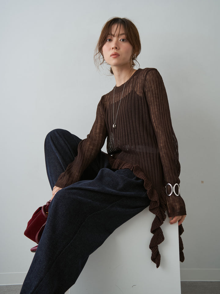 [予約]ヘムフリル透かし編みニットトップス/brown