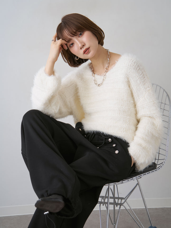 [予約]ボーダー編みラメニットトップス/white