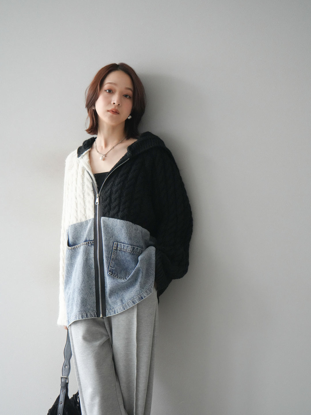 [予約]デニム×バイカラーニットZIPフーディ/black