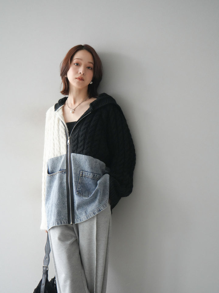 [予約]デニム×バイカラーニットZIPフーディ/black