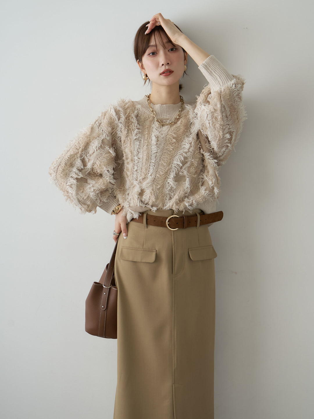 [SET]フリンジジャガードニットプルオーバー+クレープデシンフラップ付きストレートスカート(2set)